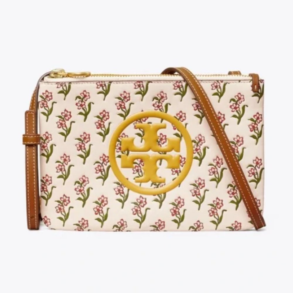 Tory Burch Perry Bombe Double Zip Reversible Bag Leather Cream Brown Handbag NEW